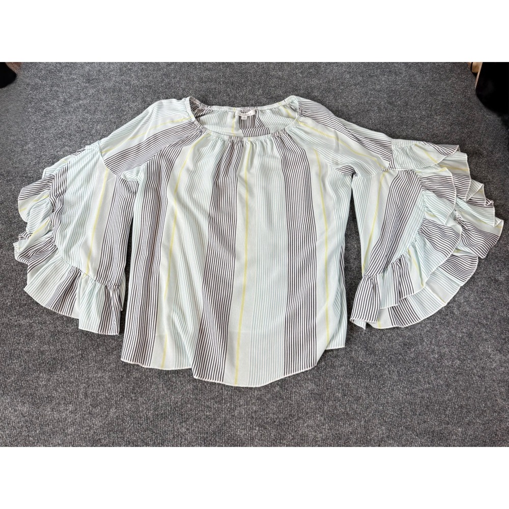 Fever Women Large Blue White Striped Tiered Ruffle Bell Sleeve Rayon Blouse